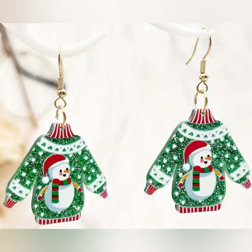 christmas earrings holiday green red white fun Festive Snowman ugly Sweater